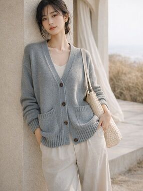 Jenni Kayne Gray Merino Wool Blend Barrett Cardigan Minimalist Quiet Luxury Knit
